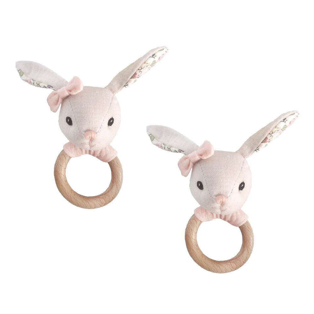 Linen Bunny Wood Rattle--2pcs Assortment(Rt1025) 3 Linen Bunny Wood Rattle--2pcs Assortment(Rt1025)