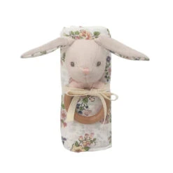 Floral Muslin And Bunny Wood Rattle Gift Set(Sw1001)